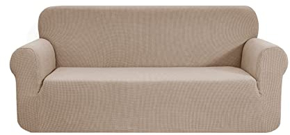 SAMSTEX Stylish Sofa Cover Stretch 1-Piece Sofa Slipcovers High Stretch Sofa Cover 3 Seater Thick Soft Sofa Protector Machine Washable Non Slip Couch Covers (3 Seater, Taupe)