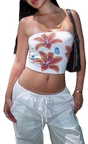 Camisetas sin tirantes cortas para mujer sexy con cuello barco, estilo chaleco Harajuku gótico punk, camiseta de tubo de verano Y2K, ropa de calle de los 90, blanco con flores, S