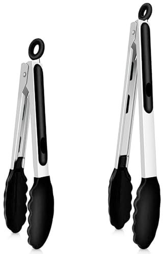 NoChoX Grillzange Edelstahl, Küchenzange mit Silikonspitze, Verriegelbare Zange Küche, Hitzebeständigem Silikon Kochzange, 2er-Set, 26 cm und 33,5 cm, Schwarz
