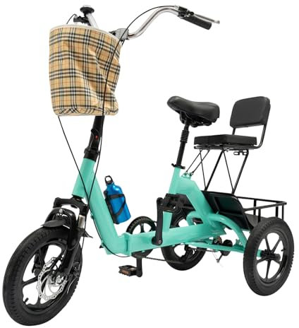 14 Zoll Dreirad für Erwachsene, 3 Räder Bike Fahrrad Trike mit Abnehmbaren Korb Wasserkocherhalter und Kindersitz, Faltbares Dreirad Fahrrad Cruiser Bike für Reisen, Radfahren, Einkaufen (Cyan)