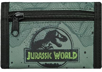 Jurassic World Portemonnaie für Kinder - Grün, Cartoon, Metall-Logo, 3 Fächer, Schlank, Kunstleder