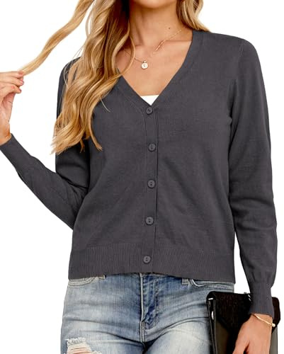 GRECERELLE Chaqueta de punto para mujer, elegante, ligera, cuello en V, manga larga, con botones, chaqueta de invierno para mujer, gris oscuro, XL