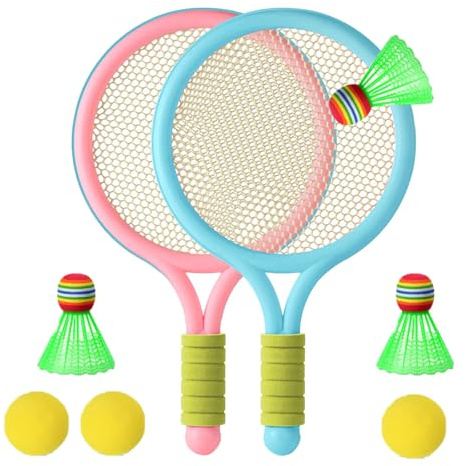 WanderGo Kids' Tennis Rackets, 2 Blue and Pink Plastic Tennis Rackets and 3 Shuttles and 3 Tennis Balls, Tennis Set for Kids Better Play Indoor & Outdoor Sports in Cold Weather