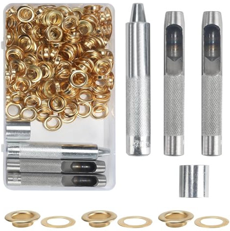 KJLEEN 140 Sets 10mm Grommet Tool Kit Gold Eyelet Punch Kit, Brass Grommets Eyelets Set, Metal Eyelet Kit with Punch Tools for Fabric Canvas Curtains Awnings Leather Clothing Craft（Gold