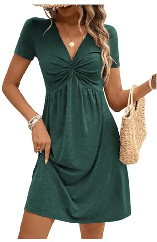 EIRUKON Robe Ete Femme Col V Chic et Elegant Manches Courtes Mini Robe A-Line Décontractée Robes Taille Haute pour Fête Noël Mariage