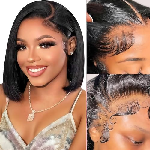 12 Inch Bob Wig Human Hair 180% Density Full 13X4 HD Transparent lace Front Human Hair Bob Wigs for Black Women Glueless Human Hair Wigs Pre Plucked Natural Hairline with Baby Hair Natural Black