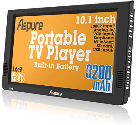 10 Inch Portable Digital DVB-T2 TFT HD Screen Freeview LED TV for Car,Caravan,Camping,Outdoor,Kitchen.Built-in 3200mAh Battery Television/Monitor with Multimedia Player FM function, ASPURE