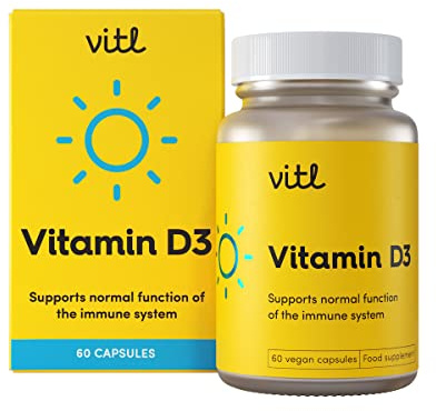 Vitl Vitamin D3 Supplement - 60 Vegan Softgel Capsules - Support for the Immune System, Bones & Joints, Teeth, Muscles and Heart - 2 Month Supply