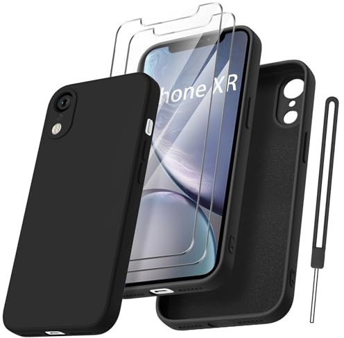 Qasyfanc HandyHülle für iPhone XR Hülle Silikon case mit 2 Stück Schutzfolie, Ultra Microfiber TPU Flüssig silikon mit Kameraschutz Kratzfeste Rundumschutz Schutzhülle 6.1'' - Schwarz