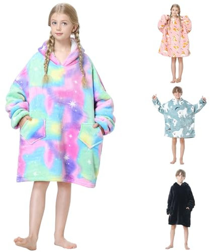 MOKANI Oversized Blanket Hoodie Kids, Wearable Extra Long Blanket for Girls Boys, Super Soft Warm Sweatshirt With Pocket for Children Teens, Long Sleeves, Cute, Flannel