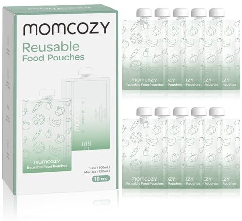 Momcozy Sacchetti riutilizzabili per alimenti per bambini, in plastica senza BPA, adatti per alimenti, adatti al congelatore, ricaricabili per salsa di mele, yogurt e purea, 10 confezioni, 96-113,4 g