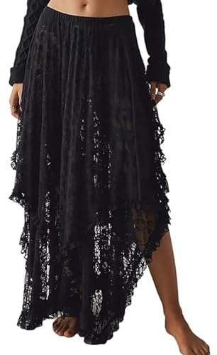 Yimoon Lace Skirts for Women Flowy Boho Maxi Skirt Elastic Asymmetrical Layered See-Through Long Skirt(Black-M)