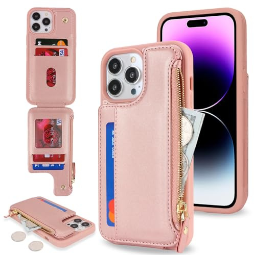 SailorTech Telefonfodral för iPhone 14 Pro Max med kreditkortshållare för män, iPhone 14 Pro Max fodral med kreditkortsfack, plånbok med dragkedja för kvinnor - roséguld