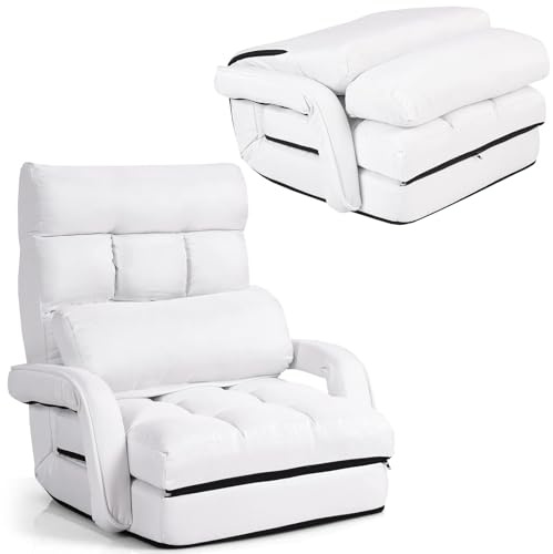 RELAX4LIFE Poltrona Pieghevole con Cuscino, Sedia da Terra Regolabile in 5 Livelli, Divano e Letto, Poltrona Reclinabile, Ergonomico, Comodo Tessuto e Imbottitura (BIANCO)