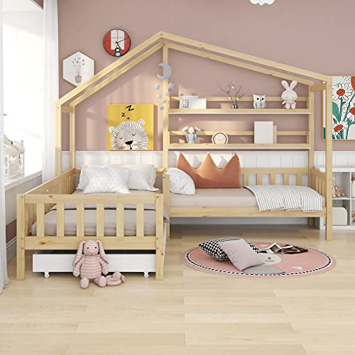 Trdlpyn Letto a Forma di Casa per 2 Bambini 90x200 cm E 140x70 cm, Letto Matrimoniale con Cassetti e Ripiani, Legno Massello con Rete e doghe, Struttura a L, per Ragazzi e Ragazze, Naturale