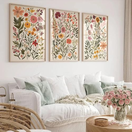 3er Poster Set, Vintage Abstrakte Blumen Bilder Set, Ästhetische Wildblume Rustikale Bilder Poster & Kunstdrucke Wandbilder, Wanddeko für Wohnzimmer Schlafzimmer, Bilder Ohne Rahmen (50x70cm,ABC)