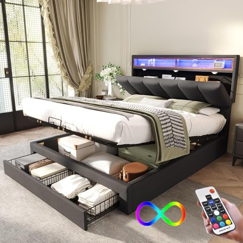 Sapgaks Letto baule 140 x 190 con LED, telaio letto singolo con rete a doghe, con cassetti e scomparti di stoccaggio, testiera a scomparsa in schiuma, con telaio in acciaio, lino, grigio