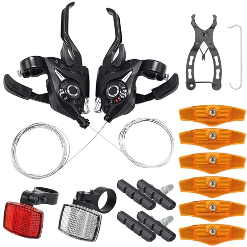 Zhixifan EF51-7 Speed Gear Shift Lever Brake Lever with Brake Cable 3 x 7 Gear Lever Set with Gear Indicator Bicycle Brake Pads Bicycle Reflectors Front Rear Set for Road Bike City Bike