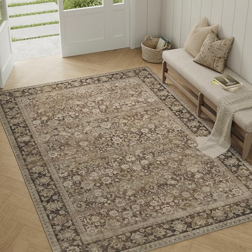 PureCozy Large Area Rug Living Room 160x230cm, brown Vintage Soft Washable Rugs with Non-Slip Backing, Machine Washable, Lightweight Low-Pile Carpet for Kitchen, Office, Dining Room