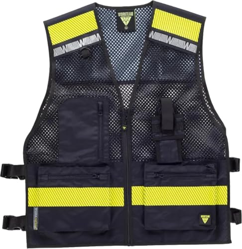 WORKTEAM Chaleco de Alta Visibilidad con Rejilla Transpirable, Cintas Reflectantes Segmentadas, Ajustes Laterales y Multibolsillos Unisex Negro UNICA