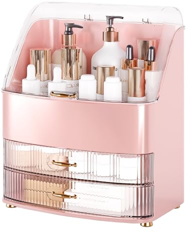 lurcns Makeup Organiser with Drawers Skincare Organizers for Vanity Storage Box with Lid Drawers Large Cosmetic Display case for Dresser Bathroom Countertop(Pink)