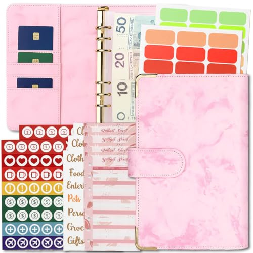 Retoo Budget Planner A6 med ringbok och magnetisk stängning – pengaarrangör och hushållsbok för sparchallar, kuvertmetod och kontantfyllning, rosa