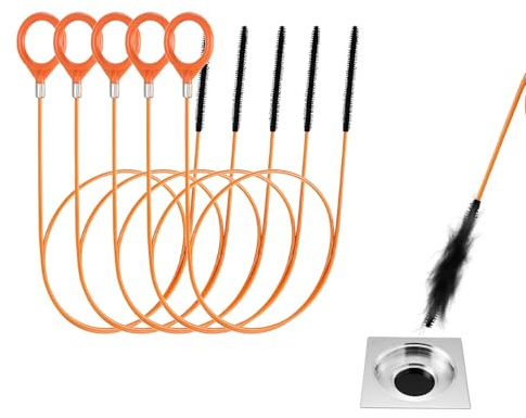 Galenecx 5 Piezas Color Naranja Desatascador de Desagüe, 81cm Tuberías Limpieza Cepillo, Resistente al Desgaste y al Óxido Desatascador en Espiral de, para Desagües en Cocinas y Baños