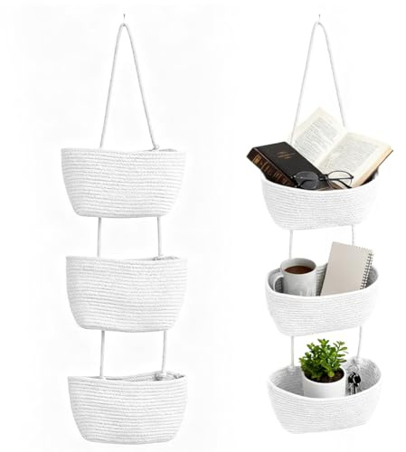 Umllpet Vielseitiger Hänge-Organizer, 3 Etagere Hängeaufbewahrung, Geflochten Korb Hängend Wand Organizer, Wand hängender Aufbewahrungstasche,Wand Hängen Tasche für Bad Kinderzimmer Schlafzimmer(Weiß)