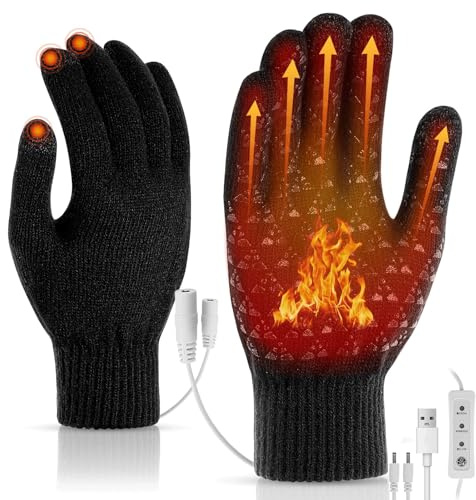 Jaaduem USB Heated Gloves, Washable Double-Sided Heating Soft Thermal Gloves for Men and Women, Full Finger Electric Knitted Heated Glove with 3 Adjustable Temperature & Touchscreen Fingers
