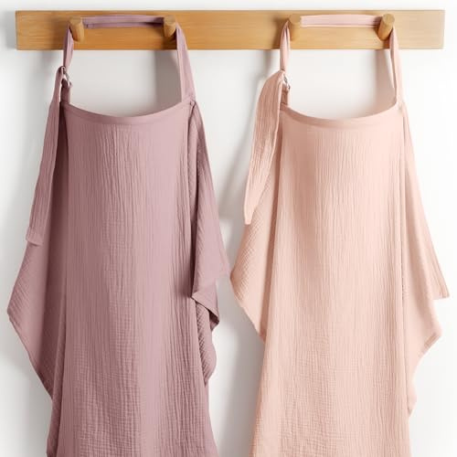 Comfy Cubs Muslin Nursing Cover Pack of 2, 100% Cotton Muslin Breastfeeding Cover for Moms, Soft & Breathable Baby Nursing Scarf, Adjustable Neck Strap - Privacy Coverage - Blush and Mauve