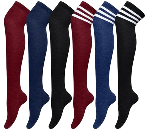 Fzxdfg 6 Pairs High Thigh Socks Striped Long Knee High Stocking for Women Leg Warmer for Daily Sports Cosplay (6, Wine Red, Black, Navy Blue)