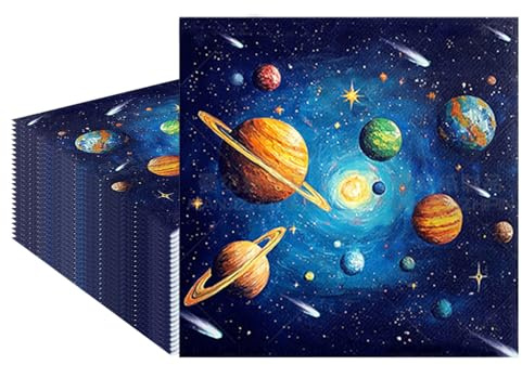 Servilletas de papel con motivos espaciales, 25 unidades, diseño de planetas, decoración espacial, para cumpleaños, fiestas, color azul oscuro
