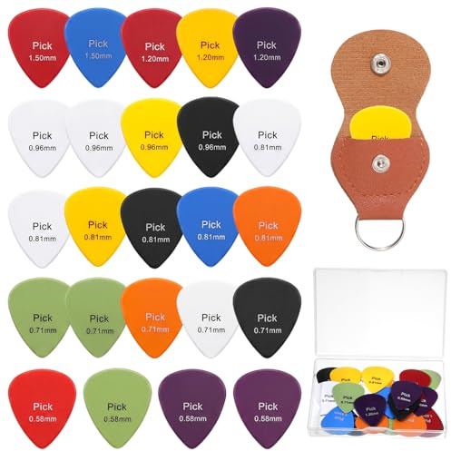 24 Pcs Guitar Pick Set with Organizer Box & Guitar Pick Holder Matte Non-Slip Plectrums Heart Shape Picks Variety Pack with 6 Thicknesses for Acoustic Guitars Ukulele Bass Enhanced Grip Warm Tone