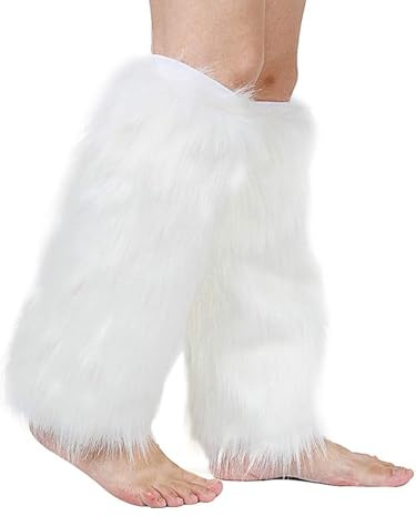 Barelove Leg Warmers for Womens Winter Faux Fur Leg Fuzzy, Plush Soft Furry Long Boot Cuff Covers Halloween Santa Costume for Christmas, Easter, St Patrick's Day (White)