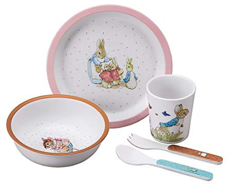 PETIT JOUR - Coffret Cadeau 5 Pièces Pour Enfant 6Mois+ - Mélamine - Sans BPA - Assiette 18cm, Timbale 160ml, Bol 250ml, Set De 2 Couverts 14cm - Lavable Au Lave-Vaisselle - Pierre Lapin - Rose