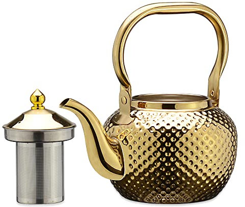 SANQIAHOME 1,2 litros Tetera de acero inoxidable con Filtro para infusiones extraíble,Cafetera, dorado
