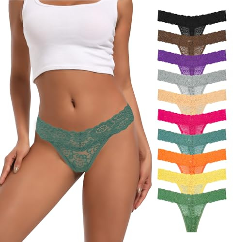 Deigecil Tangas Mujer Pack Suaves y Elásticos Bragas para Mujer Ropa Interior Femenina,Pack De 10 Surtido de Diferentes Patrones y Colores de Encaje.