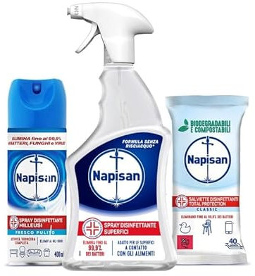 Napisan Kit Cura della Casa, Spray Disinfettante Classico 740 ml, 40 Salviette Disinfettanti Biodegradabili Formula 0%, Spray Disinfettante Milleusi Fragranza Fresco Pulito 400ml
