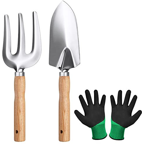 OFFCUP Gartenwerkzeug-Set, 3pcs Garten Handwerkzeuge enthält EIN Paar Handschuhe, Klein Schaufel, Gartenbepflanzung Schaufel Topfblumen Gartengeräte Lose Boden Rechen
