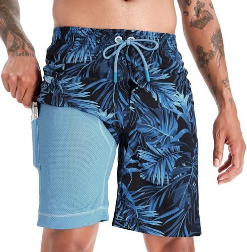 APTRO Herrshorts badshorts 2 i 1 träningsshorts 23 cm badshorts, kompressionsnätfoder, blixtlåsfickor, stora och långa