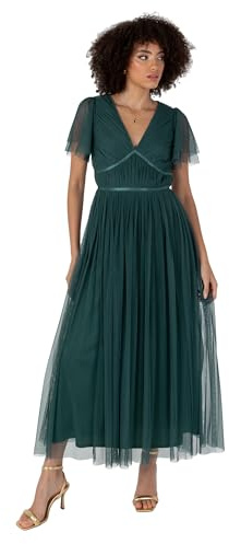 Anaya with Love Women's Ladies Midaxi Dress V-Neck Short Flutter Sleeve Ribbon A-line Tulle for Bridesmaid Wedding Guest Prom Ball Gown Emerald Green 18