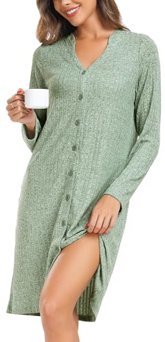Vlazom Camisón Mujer Vestido de Manga Larga de Punto para Dormir con Botón S-XXL