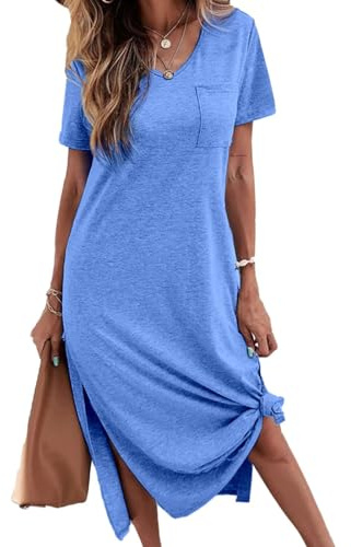 Tankaneo - Abito da donna, a maniche corte, casual, con scollo a V, estivo, maxi, per il tempo libero, da notte, a vestaglia, con fessure laterali, lungo, con tasche, colore: grigio, taglia S, Blu, M