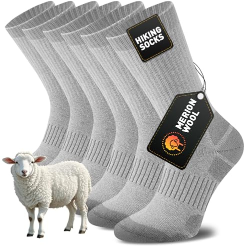 Niorasen Merino Wool Hiking Walking Socks for Men Women, Cushioned Anti Blister Performance Crew Socks for Sports Running, Cycling, Trekking, Work, Casual, Thicked Sock 3 Pairs