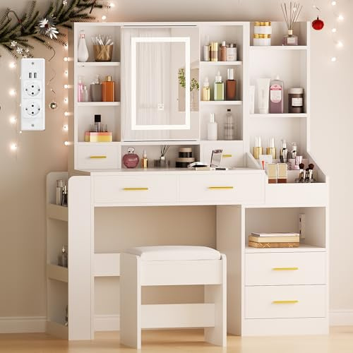 BEWISHOME Toeletta Trucco con Luci LED a Luminosità Regolabile e Prese,Grande Tavolo da Trucco con Specchio, Cassetti, Scomparti Aperti, Postazione Trucco,Toilette Trucco con Sgabello, Bianco EFST25W