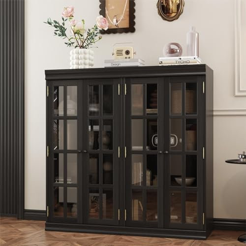 DAWNSPACES Büchenschrank,Küchenschrank mit Pop-up Design,Vitrinenschrank mit 4 Türen,Sideboard mit Glastüren,Glasschrank mit 4 Ablagen,für Küchen,Wohnzimmer,schwarz,120x40x120cm