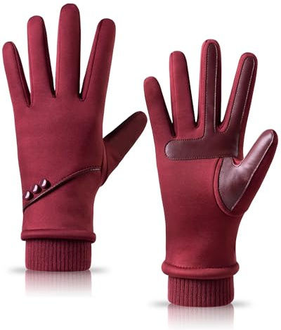 HOLDINA Gants d'hiver chauds pour femme - Avec cuir antidérapant - Écran tactile avec doublure en polaire - Pour conduite, course, cyclisme, randonnée (rouge)
