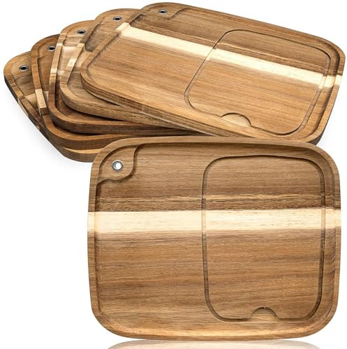 OJMHD 6 Pcs Acacia Wood Steak Boards, Wooden Steak Serving Plates Bulk with Juice Channel, Wooden Chopping Cutting Board for Kitchen Charcuterie Meat Snack Dessert, 33 x 28 cm