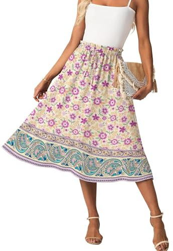 GRECERELLE Sommarmidikjolar för kvinnor, bohemisk stil, luftiga, casual, hög midja, klockformade, med fickor och justerbar midjelinte, L