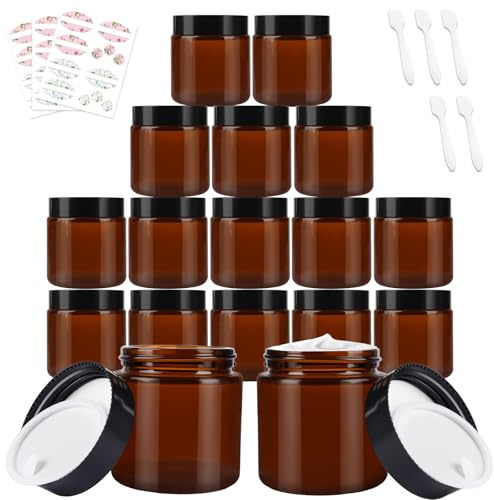 Glass Cosmetic Storage Jars, 15 Pack 120 ml / 4 oz Amber Glass Jars with Tight-Seal Lids & Inner Liner for Lotion, Face Cream,DIY Candle, Essential Oils, etc